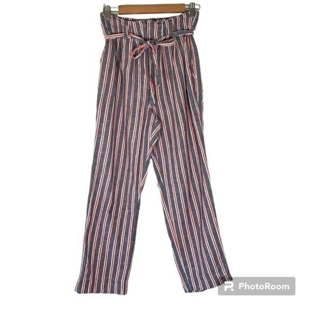 TOPSHOP Linen/Cotton Blend Paperbag Waist High Rise Striped Pants 6